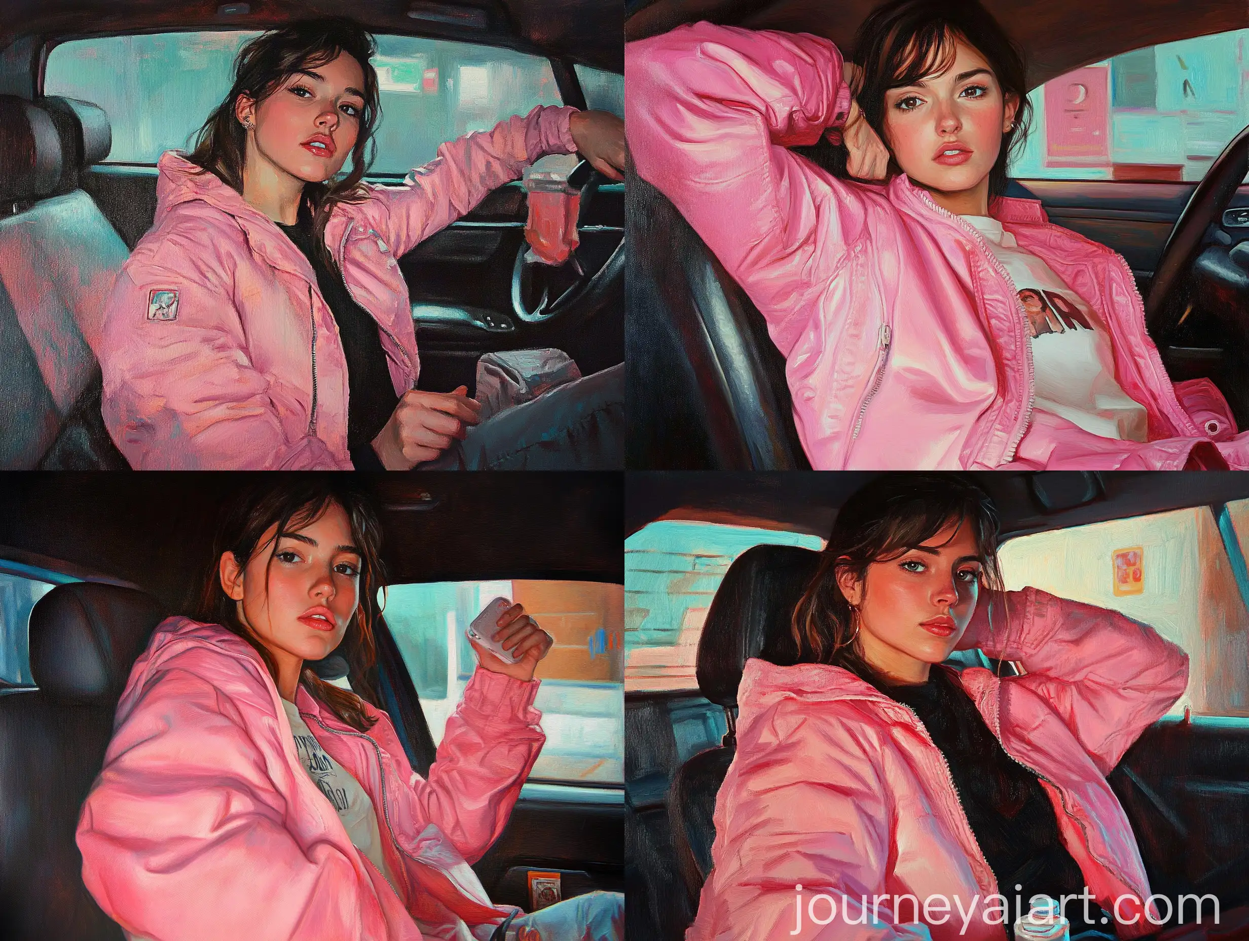 Girl-Posing-in-Pink-Jacket-on-Car-Seat