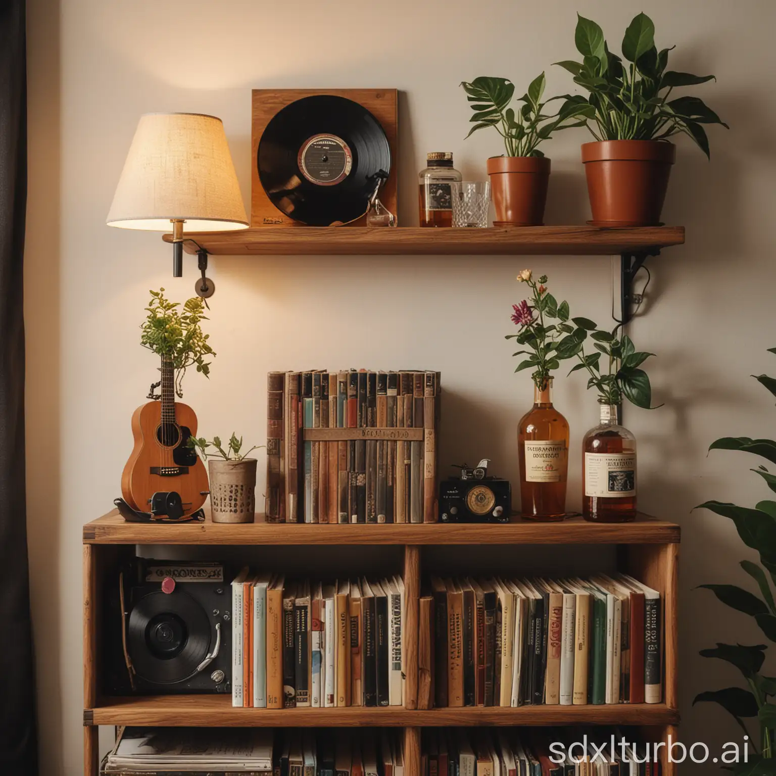 A wooden shelf with books, whiskey bottles, two glass glasses, an acoustic guitar, vintage record player, records, a lamp, a plant without flower