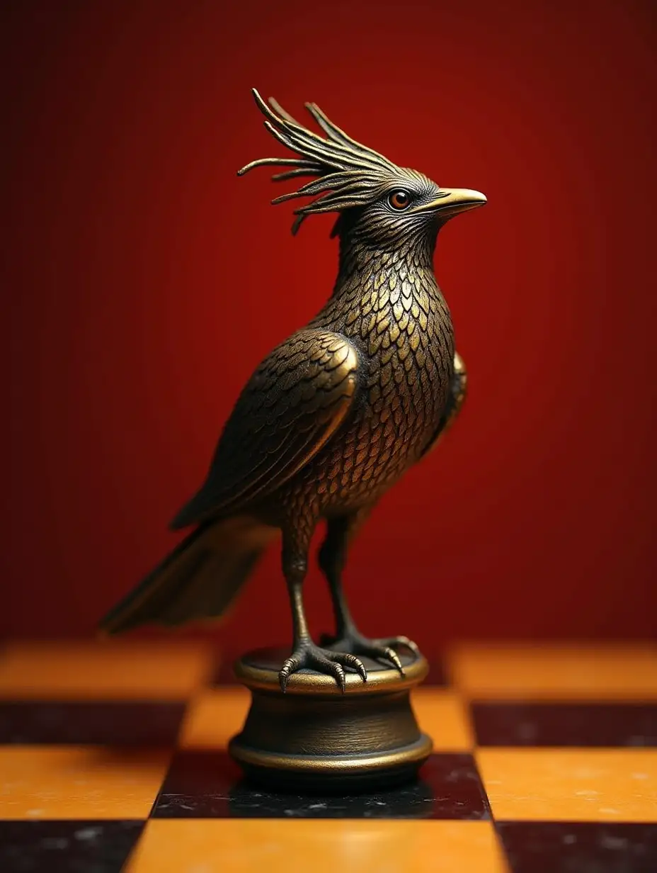 A bird rook as the chess piece, a chess board background in colors of red and gold