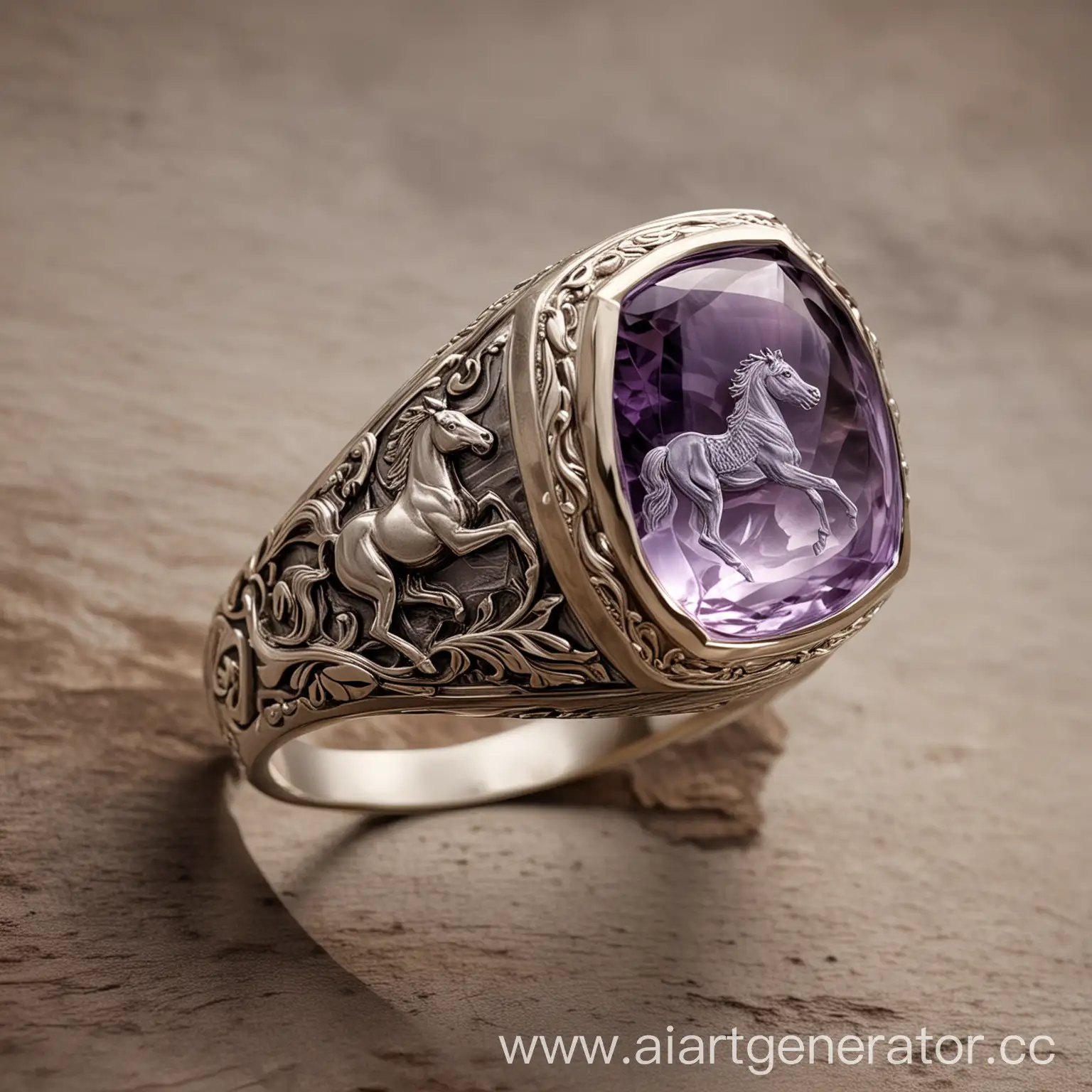 Mens-Ring-with-Purple-Fluorite-Gemstone-and-Galloping-Horse-Engraving