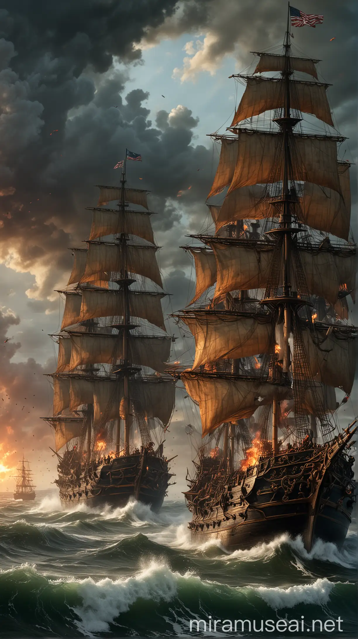 Dramatic Naval Battle Scene Age of Sail Warships Engaged in Fiery Combat