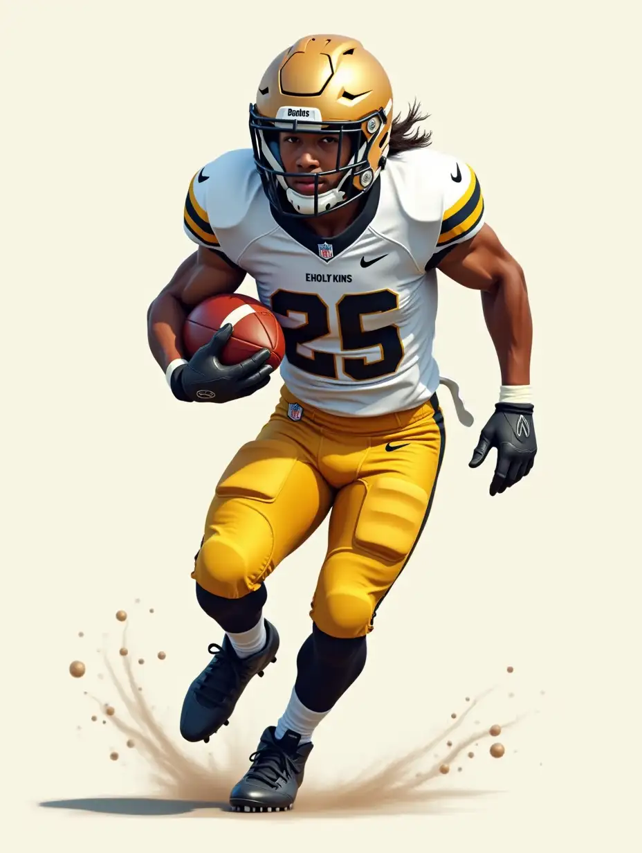 illustration airbrush latino 16 year old boy american football player wearing white football jersey and gold helmet ,and black cleats , and gold pants extreme action