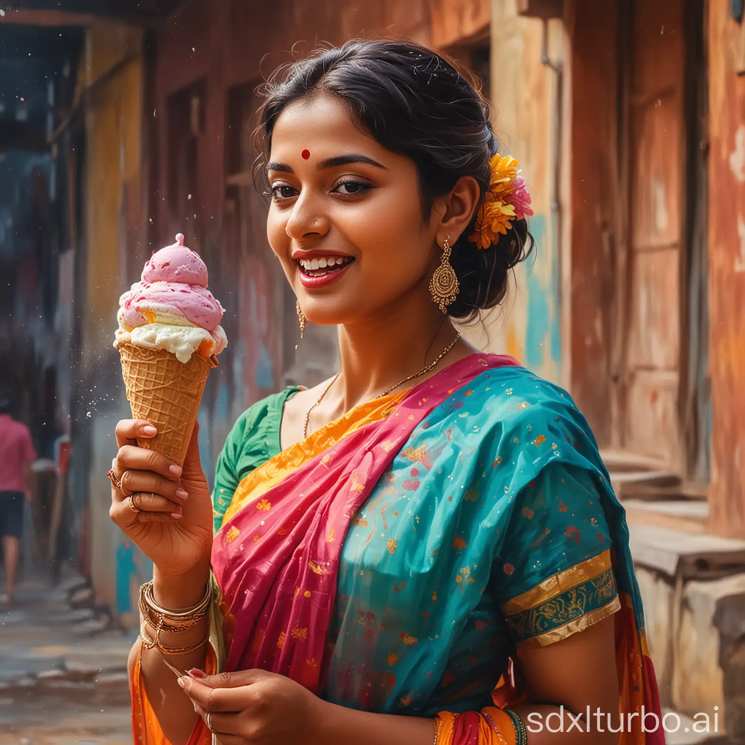 paint a Indian lady in saree showing an amazing experience in here face of pleasure of eating an ice cream. use bold vibrant colors. show motion. sublime.