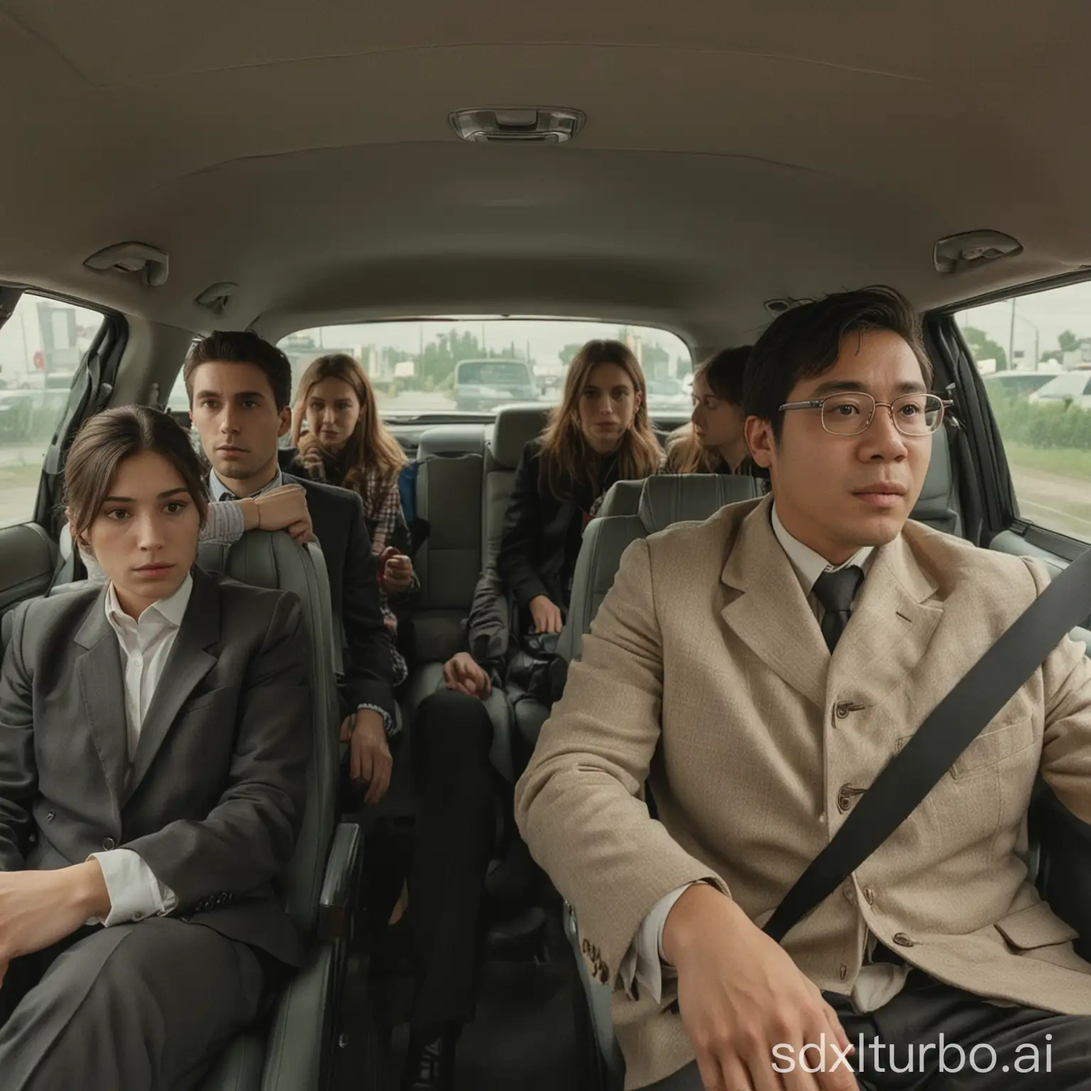 In a sedan, there are four people, with the driver driving the vehicle and the other passengers quietly sitting on the seats.