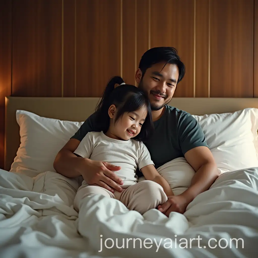 Father-and-Daughter-Sitting-on-Hotel-Bed-in-Hyperrealistic-Portrait