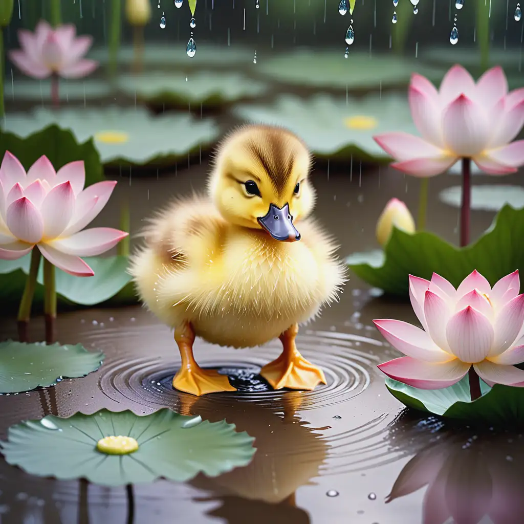 Fluffy-Duckling-in-Shallow-Pond-Surrounded-by-Blooming-Lotus-Flowers-During-Rain-Shower