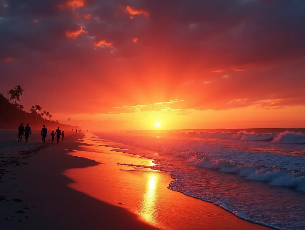 Stunning Sunset Beach Scene with Silhouetted Figures Walking Along the Shoreline and Vibrant Ocean Waves