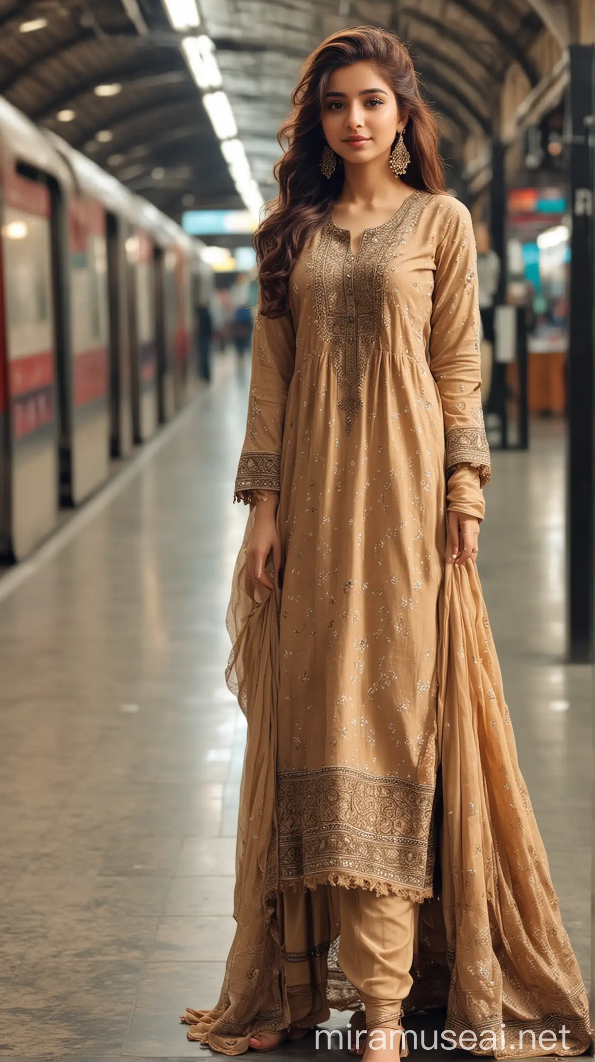 Beautiful Pakistani Woman in Lahore Metro Station Traditional Shawar Kameez