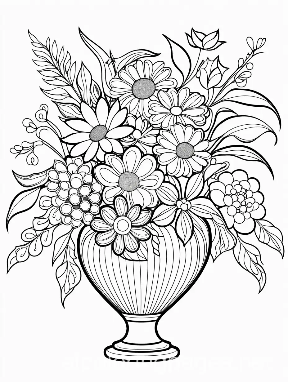 Flowers placed in a decorated vase on a table with white back ground thick outlines no shadow, Coloring Page, black and white, line art, white background, Simplicity, Ample White Space. The background of the coloring page is plain white to make it easy for young children to color within the lines. The outlines of all the subjects are easy to distinguish, making it simple for kids to color without too much difficulty