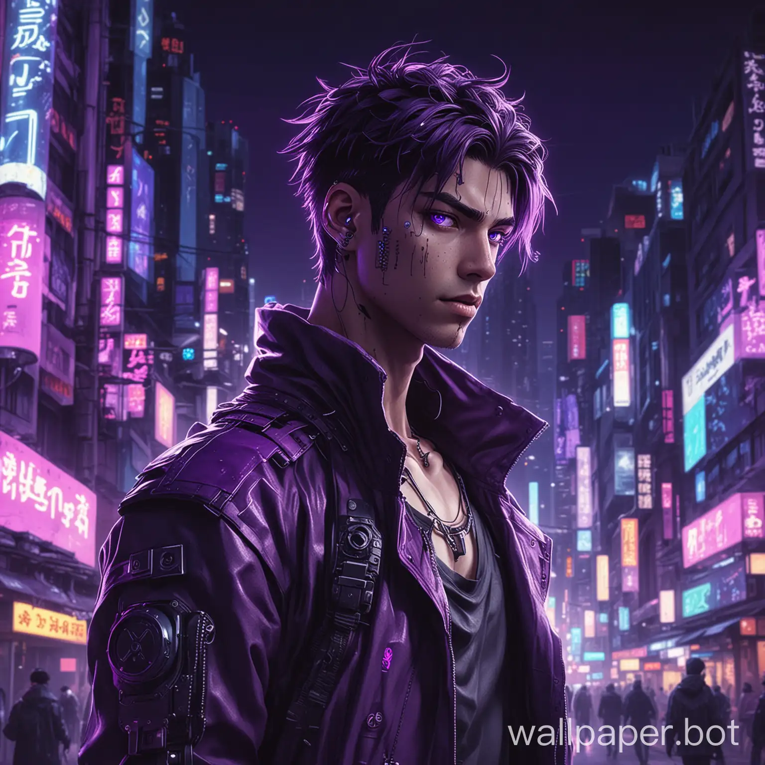 male anime character with purple background in cyberpunk neon city
