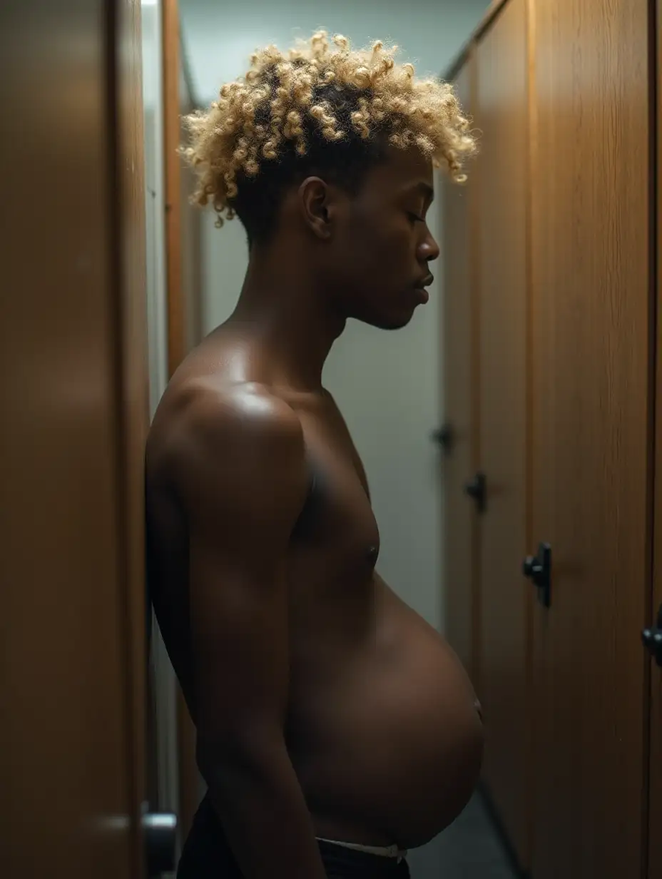 Handsome young teenager african ebony boy with curly blonde hair, shy in locker room,steam, musk, with huge bloated belly full of air, very thin and slender body, side view,