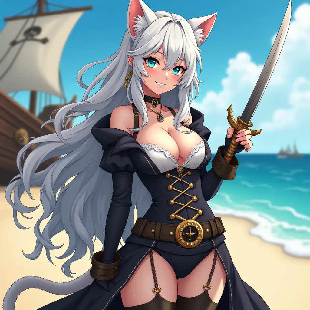 A mature adult feline/woman dressed as a pirate with a sword on a beach.  A pirate ship in the background. Her 30-something years are disguised by her youthful facial features, except for her subtle wrinkles around the eyes, extremely slender body. Her ample bosom strains against her clothing, threatening to burst free from the fabric, extreme cleavage.  Wearing black thigh high pirate boots. She has piercing blue cat eyes. A choker adorns her neck, a subtle hint at her feline nature. Her long, white hair cascades down her back like a wild waterfall, tangled and disheveled. Her cat-like teeth glint in the light, as her white fur-lined ears punctuate her visage with sparkling black and gold earring adorns each ear, adding a touch of elegance to her feline features. Cat whiskers on her face. The attached tail at the base of her spine stirs lazily.  Long fingernails. Full body view. Anime.