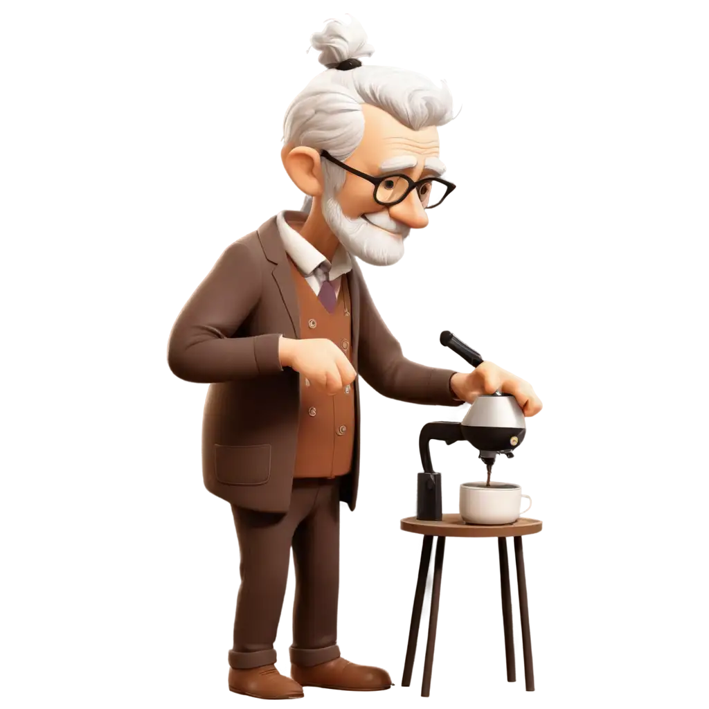 an old man making coffee in a cartoon style