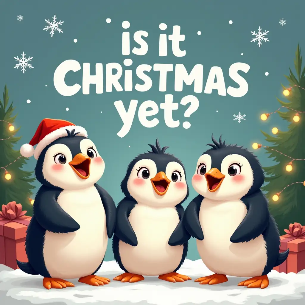 Create a playful, Christmas-themed image featuring three adorable penguin chicks with exaggerated expressions. The penguins should be looking up expectantly, as if asking the question 'Is It Christmas Yet?' The background should be festive, with snowflakes, Christmas lights, and presents. The overall mood should be lighthearted and joyful.