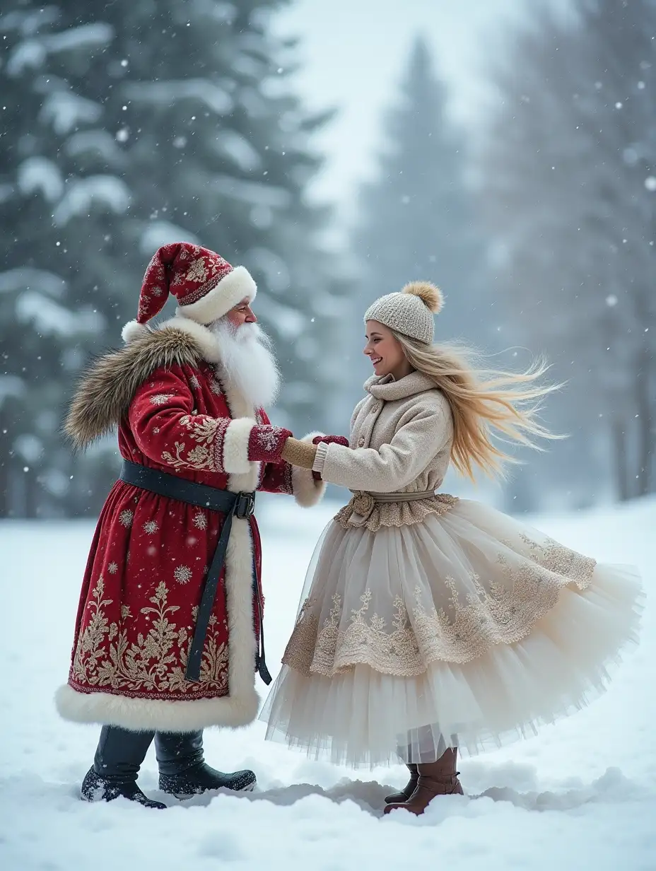 Real photo Ded Moroz and Snegurochka are dancing the white dance on snow during a beautiful snowfall