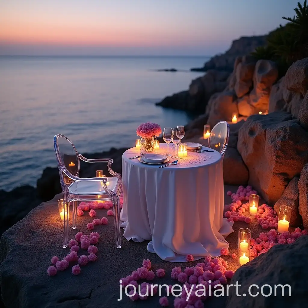 Romantic-Sunset-Dinner-on-a-Rocky-Cliff-with-Elegant-Table-Setting-and-Candles