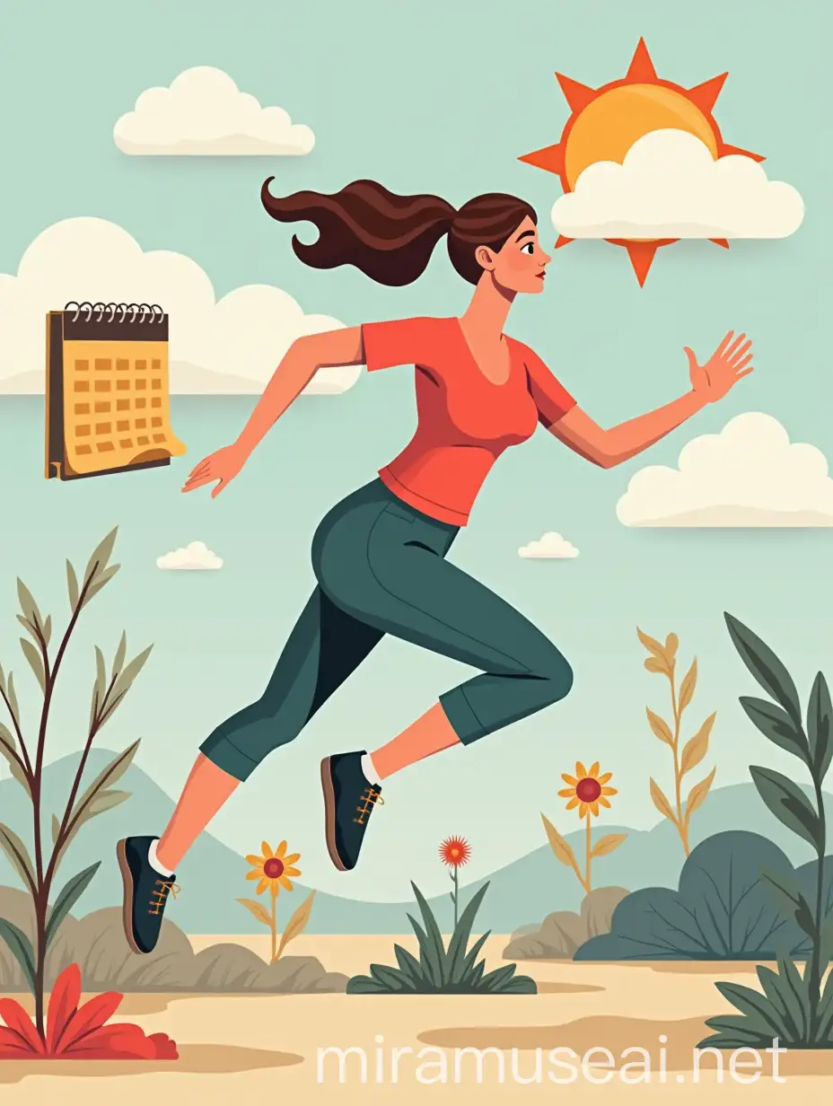 Woman Running in Rainy Weather with Calendar Background