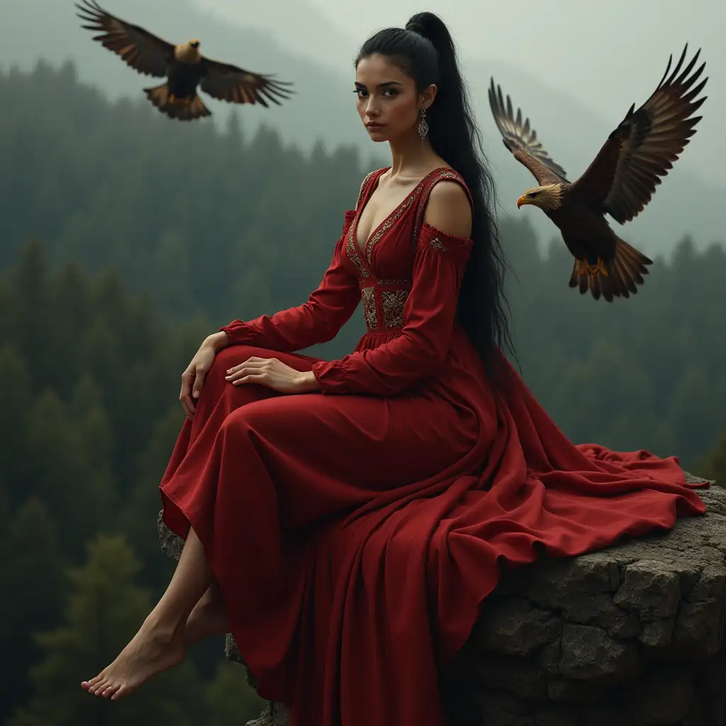 Full-length portrait of a beautiful medieval woman. She has a black ponytail, slender and beautiful. She has big brown eyes, bushy eyebrows, a thin upper lip, and a slight smile. She is wearing a red silk dress, with intricate elements, blown by the wind, has medium breasts, and long beautiful legs. She is sitting on a rock flying island high in the sky. Behind her is a dark forest. Eagles are flying around her, photogafy, realistic.