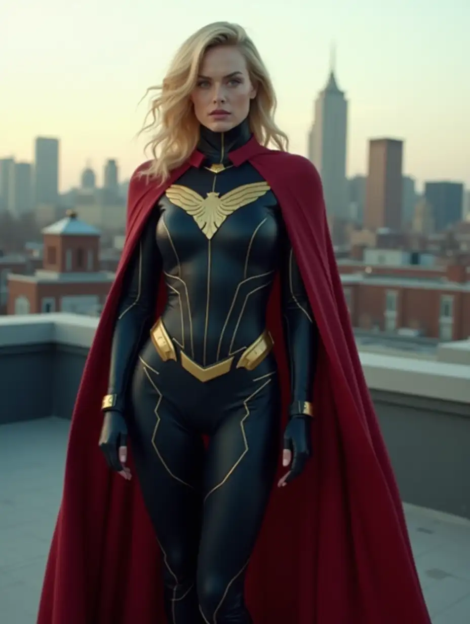 Margot-Robbie-as-Superhero-with-Crimson-and-Navy-Armor-on-Rooftop