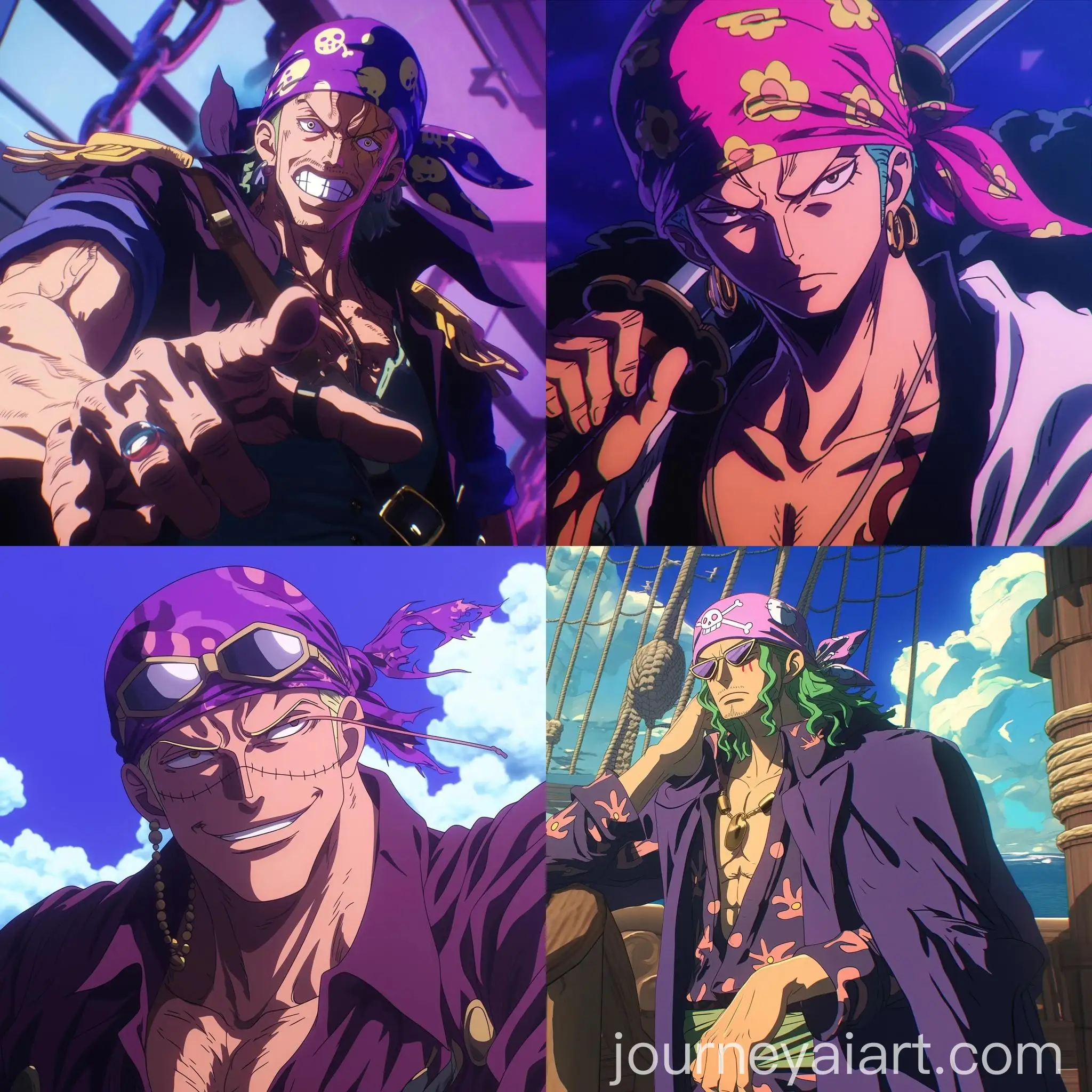 Stylized-Pirate-Man-in-Purple-Outfit-with-Head-Bandana-and-Musical-Theme