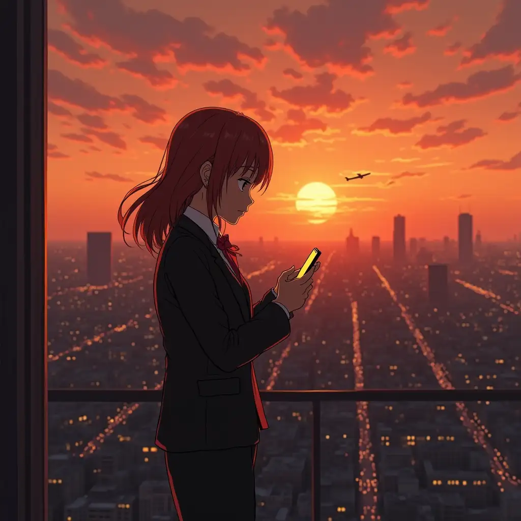 Japanese Makoto Shinkai anime style. The heroine is wearing a work suit and holding a mobile phone in both hands. The sky garden on the top floor of the company. When the sun sets, the orange sky dyes the whole city gentle and sad. Alone. A plane flies across the sky in the distance.