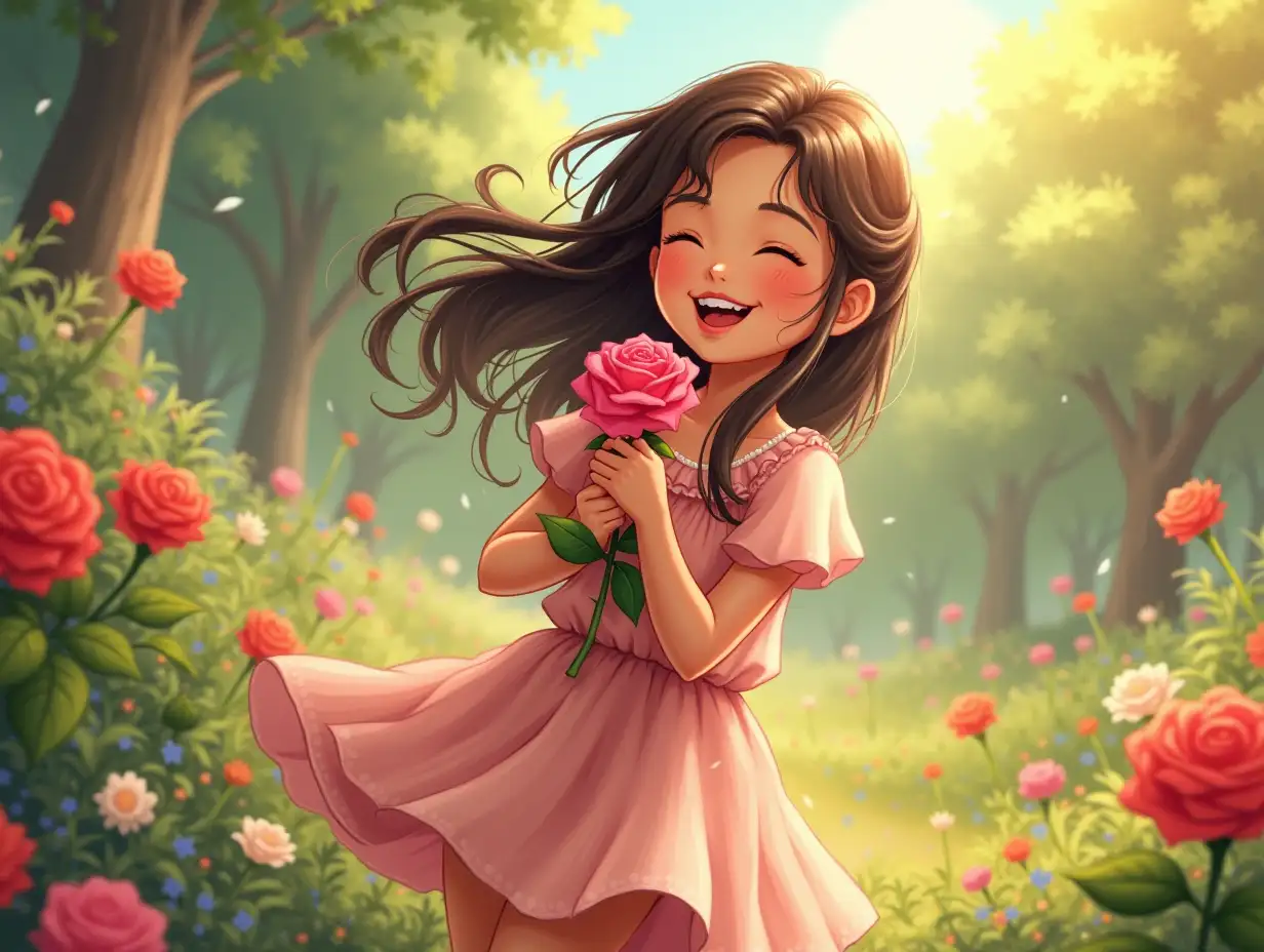 Suhana's Joy**: A beautiful young girl, ecstatic expression, holding the magical rose close to her heart, colorful garden surrounding her, sunlight filtering through trees.