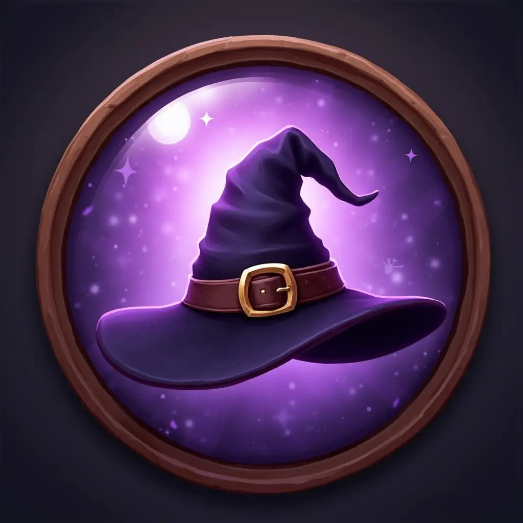 Medieval Witch Hat Icon with Violet Background and Brown Frame