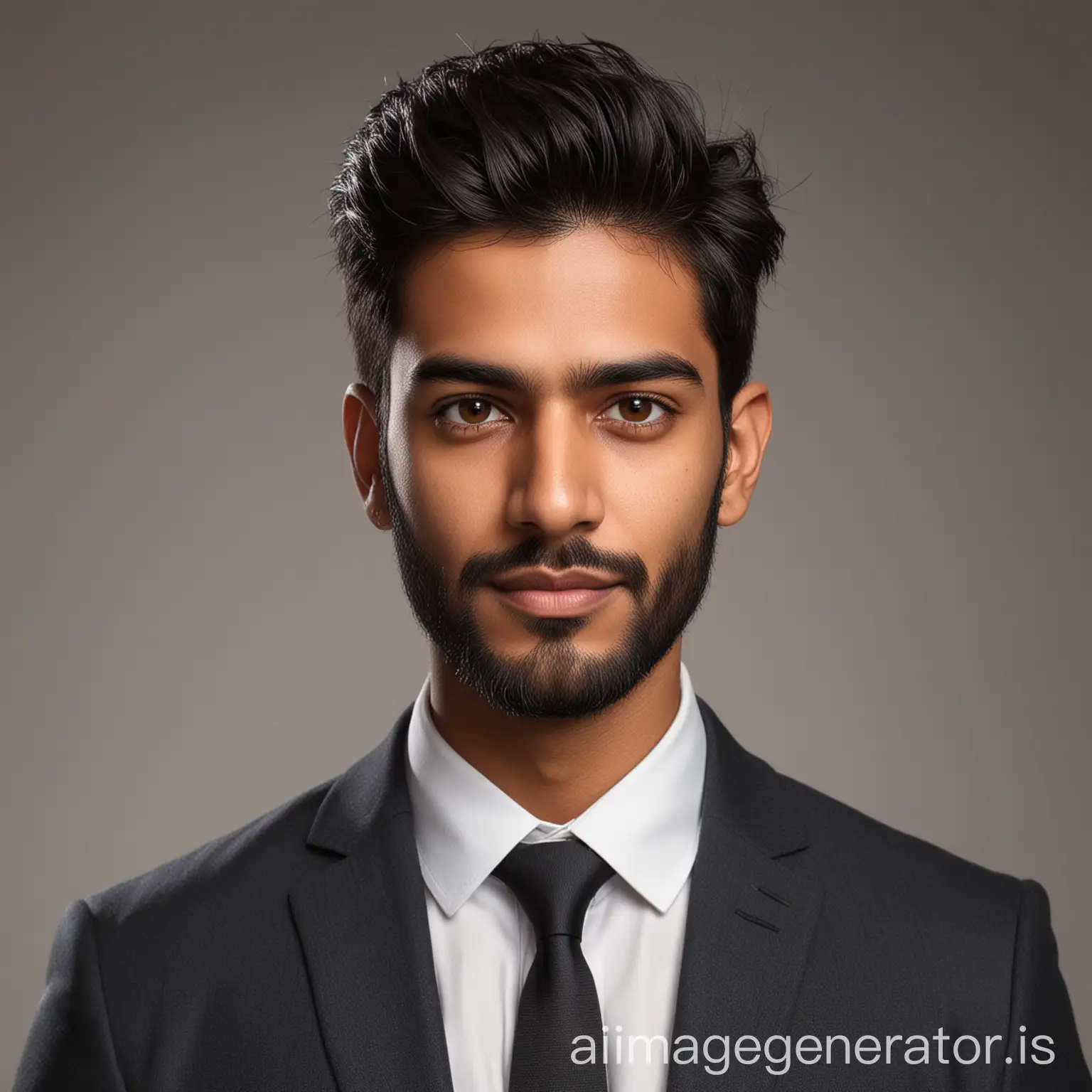 LinkedIn portrait / headshot of an Indian male with best suit without tie. looking at the camera. hyper realistic. plain background. medium hair. lite eyebrows, small eyes, stuble beard, black hair, medium ears. brownish skin tone.