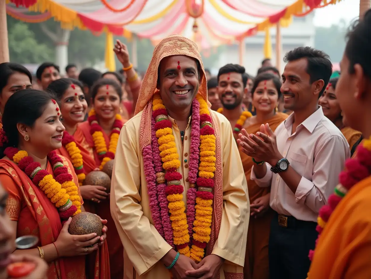 The Celebration** - The minister being celebrated by the court, garlands around his neck, smiling faces, festive atmosphere with banners and musicians playing traditional instruments