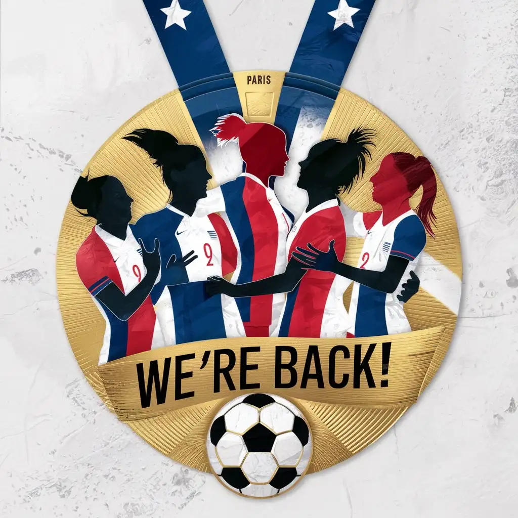 Celebratory Gold Medal with Silhouettes of Female Soccer Players in Stars and Stripes