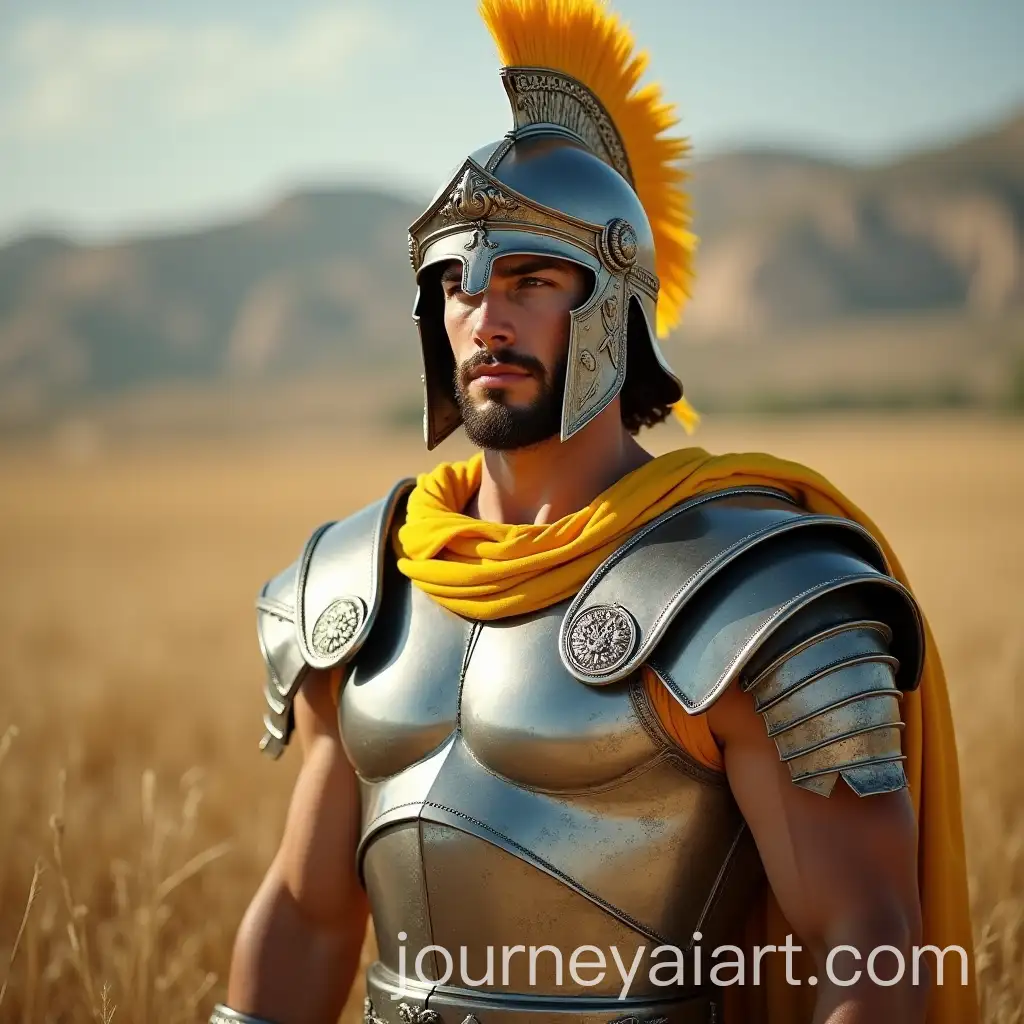 Handsome-Young-Ancient-Greek-Prince-in-Silver-Armour-Standing-in-a-Field