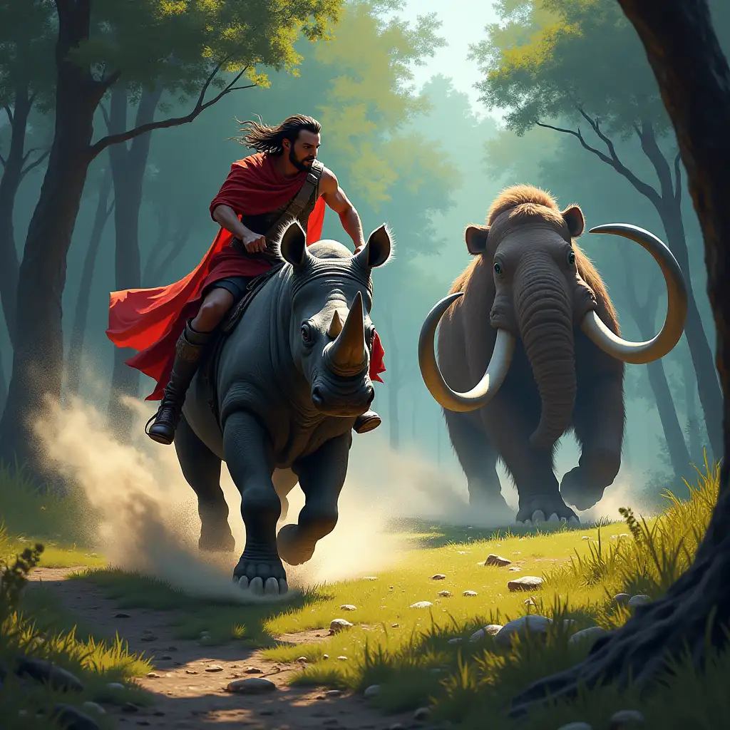 A dynamic digital illustration capturing an exciting moment in a forest, featuring a gladiator. The gladiator rides a mighty rhinoceros, depicted in mid-gallop, his massive feet kicking up clouds of dust from the grassy ground of the forest, creating a sense of speed and urgency in the face of an angry woolly mammoth. The background features a forest. The lighting is pitch black and high contrast, highlighting the gladiator and the rhino as well as the mammoth while casting deep shadows that increase the intensity of the scene. This illustration conveys a vibrant and exhilarating atmosphere, inviting viewers to immerse themselves in the action. Wide-angle perspective, vivid colors, dynamic composition, cinematic lighting, high detail, epic fantasy ambiance, textured brushstrokes, vibrant hues, dramatic shadows, stylized realism.