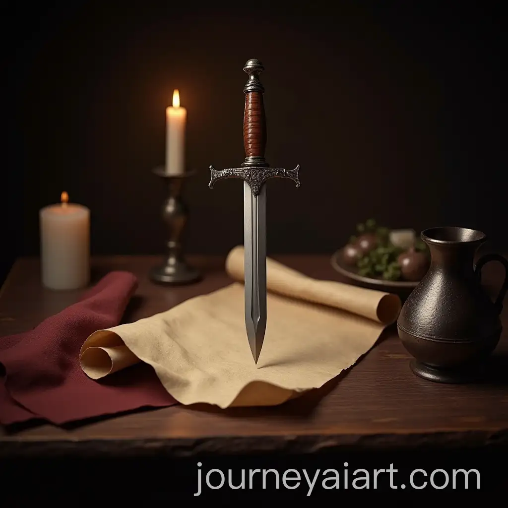 Photorealistic-Medieval-Table-with-Candle-Flask-Parchment-Scroll-and-Dagger