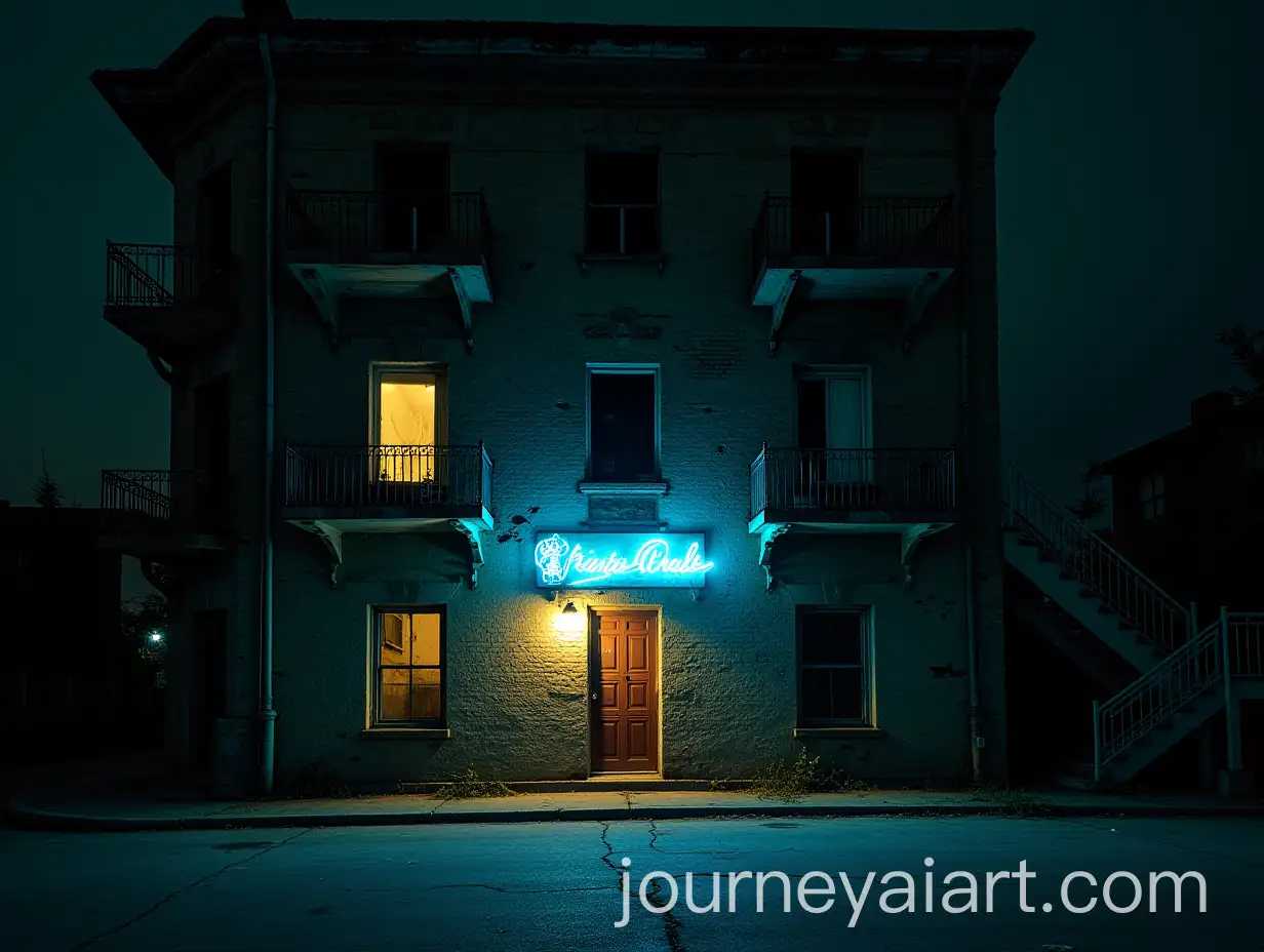 Dilapidated-Nighttime-Building-with-Flickering-Neon-Sign