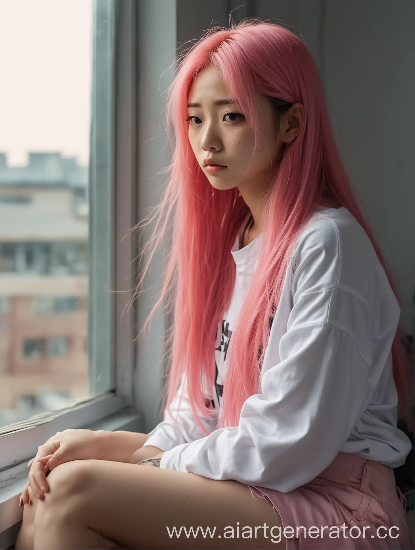 Sad-Korean-Girl-with-Long-Pink-Hair-in-Hip-Hop-Style-by-Window