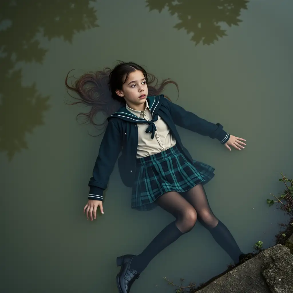 A young schoolgirl in a school uniform, in a skirt, jacket, blouse, dark tights, high-heeled shoes. She is swimming in a dirty pond, lying under water, all her clothes are completely wet, wet clothes stick to her body, the whole body is under water, submerged in water, under the surface of the water, below the water's edge.