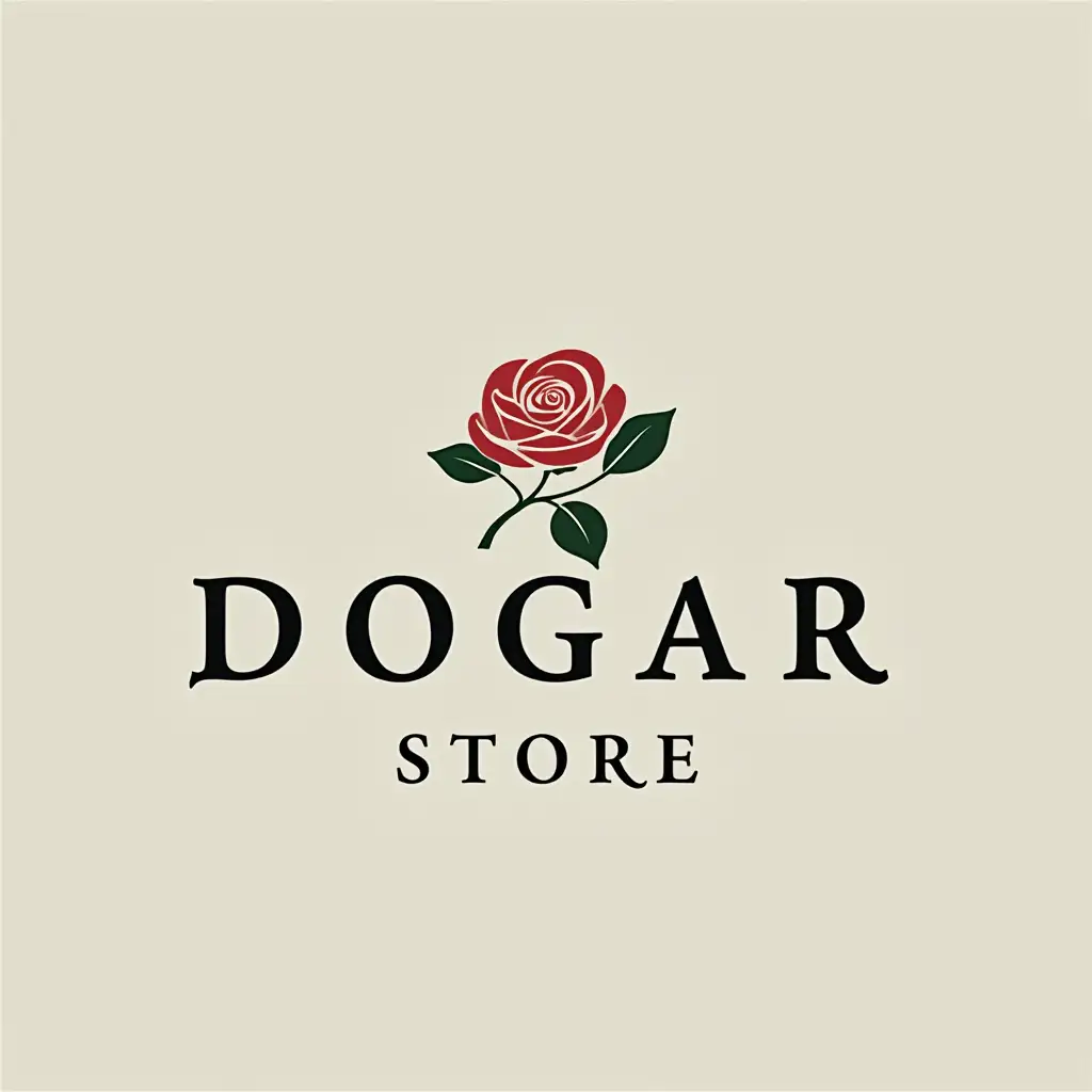 Create a modern, minimalist logo for the name 'DOGAR STORE' with a subtle and elegant rose design. The logo should use as black white green and red colors as possible, focusing on simplicity and creativity. Incorporate sleek typography and a delicate, stylized rose that conveys sophistication and individuality. The design should be clean, bold, and highly creative, with a focus on modern aesthetics and visual impact.