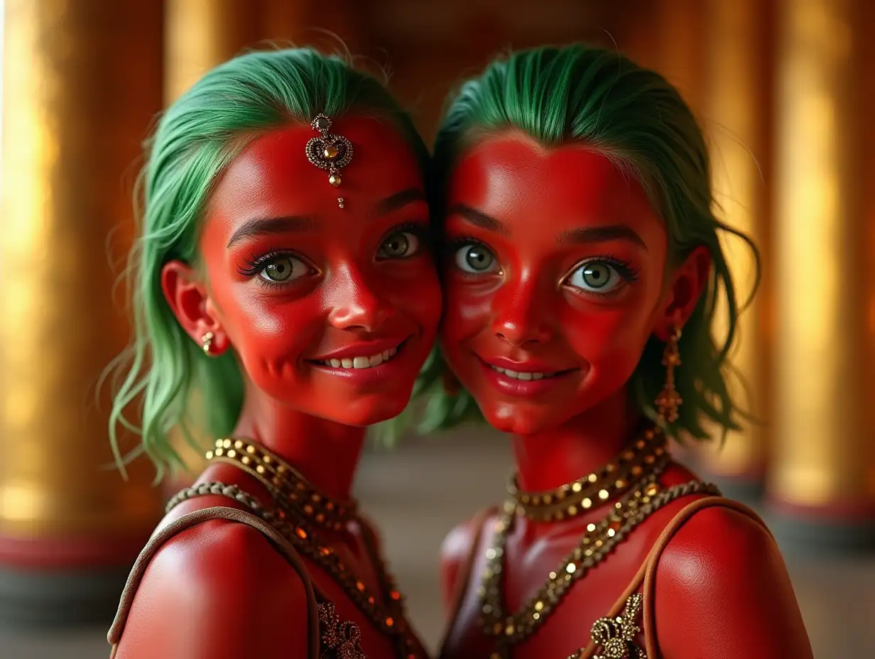 Two young red girls with alien face, with green hair, with a slight smile on their faces, highlighting their smiles, modern retro jewelry, in a temple with much gold in various shades 4k quality