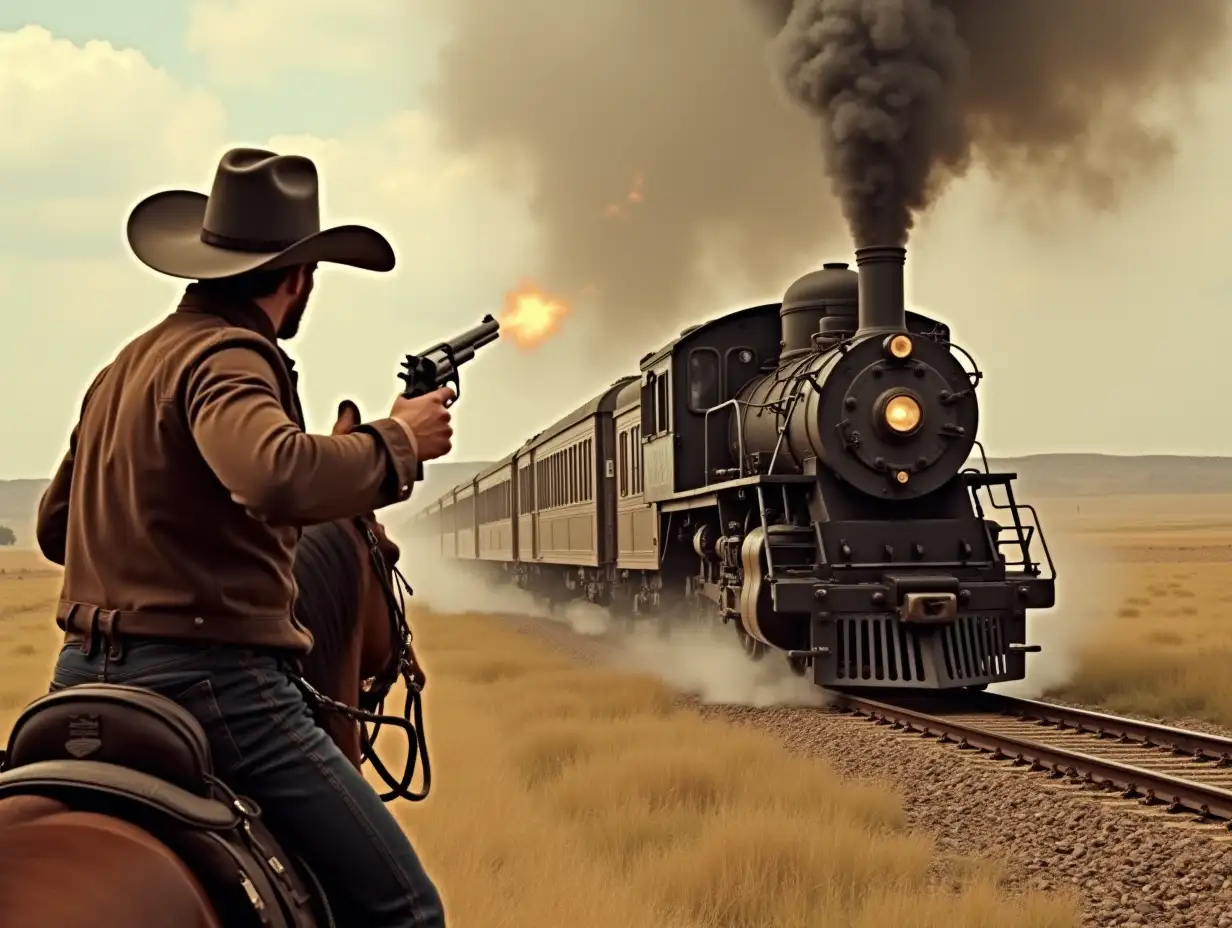 a cowboy on a horse trying to catch up with a train. He is behind the train, the train is pulling away. He shoots at the train with a revolver, anger can be seen in his eyes