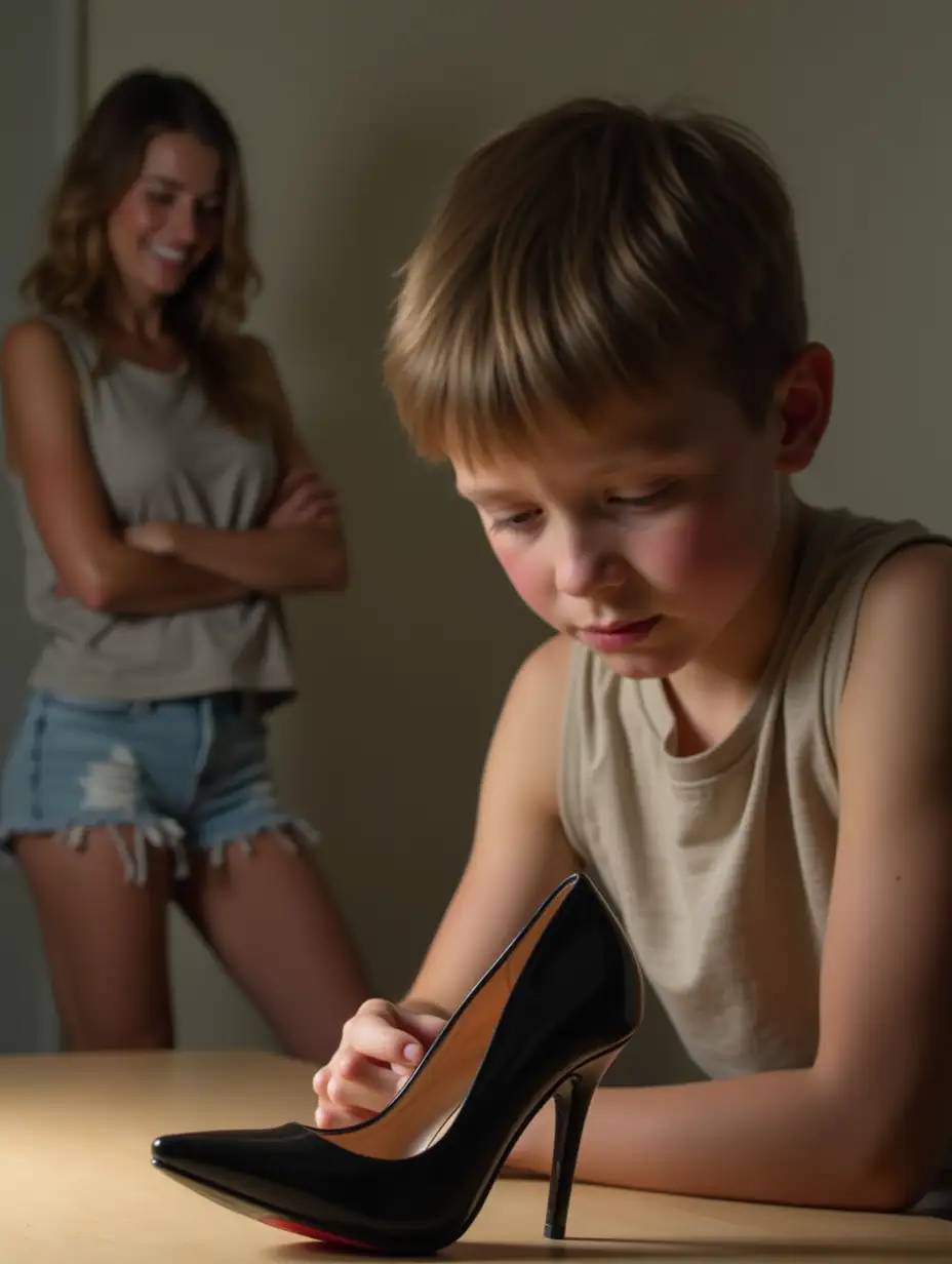 A sad boy looking at a high heel shoe resting over a table, a woman in short shorts in the background is smiling