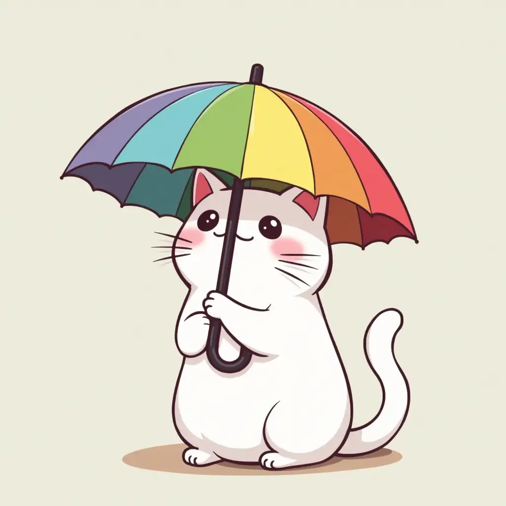 Anime style white cat holding rainbow umbrella