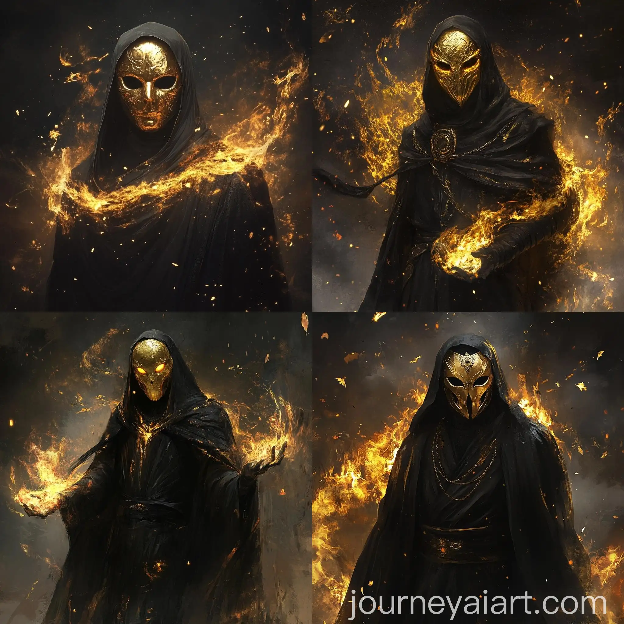 Mystical-Figure-in-Golden-Mask-Surrounded-by-Magical-Fire-and-Spirits