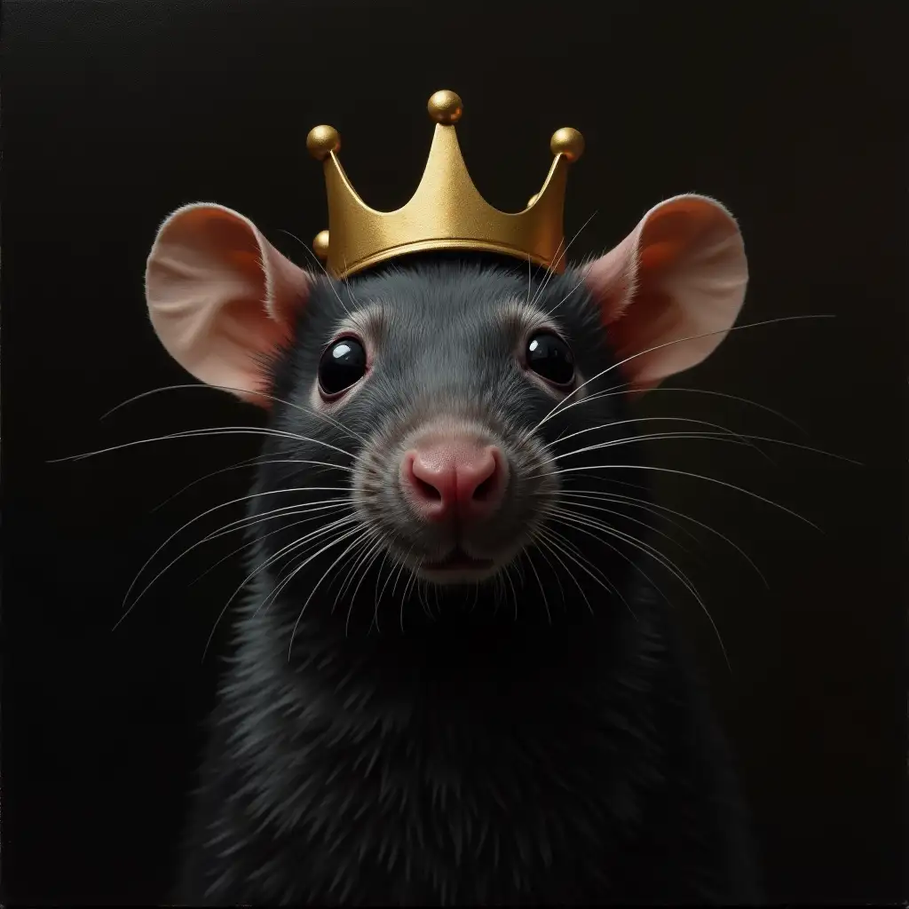 Dark portrait of a rat with a plain crown on his head. Oil paint.