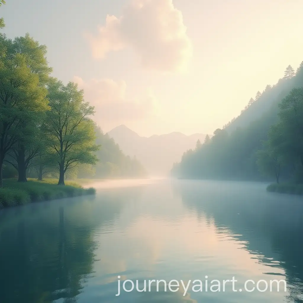 Tranquil-Lake-at-Sunrise-with-Lush-Greenery-and-Misty-Atmosphere