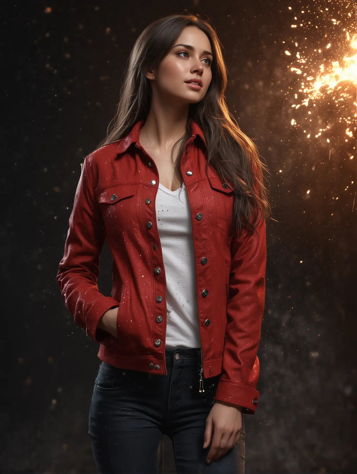 Person-with-Long-Brunette-Hair-in-a-Red-Jacket-Surrounded-by-Golden-Fire-Sparks