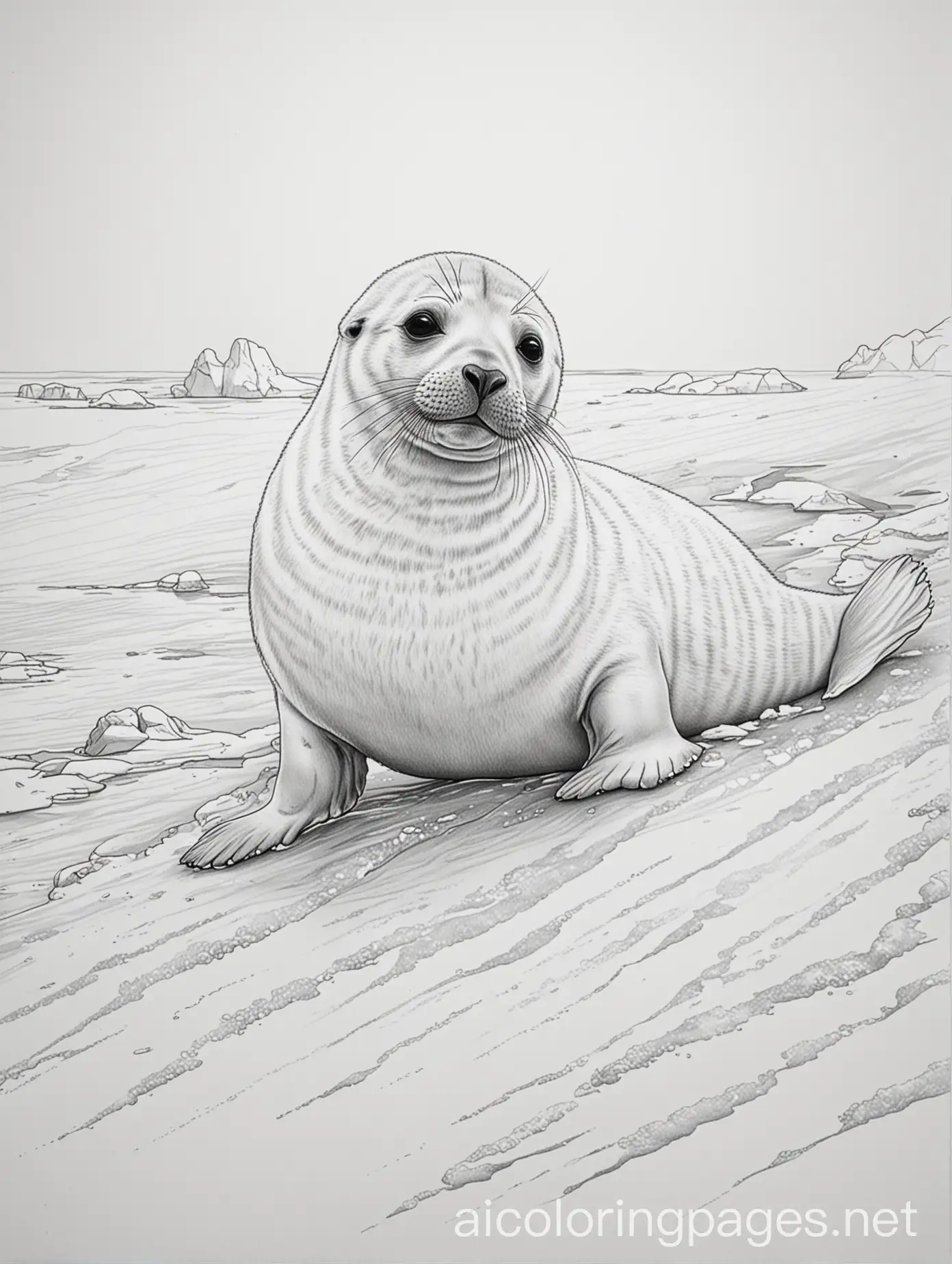 A realistic drawing with black lines on a white background. There's a baby seal sliding on ice. The habitat is illustrated around it, with ice and snow. The background is the sea. No colors, no shadings and no fillings. , Coloring Page, black and white, line art, white background, Simplicity, Ample White Space. The background of the coloring page is plain white to make it easy for young children to color within the lines. The outlines of all the subjects are easy to distinguish, making it simple for kids to color without too much difficulty