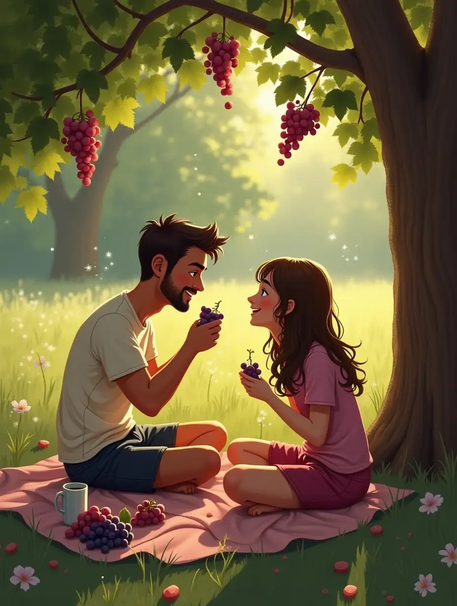 he and I sitting under trees, enjoying a picnic, him giving me grapes with his mouth on my mouth