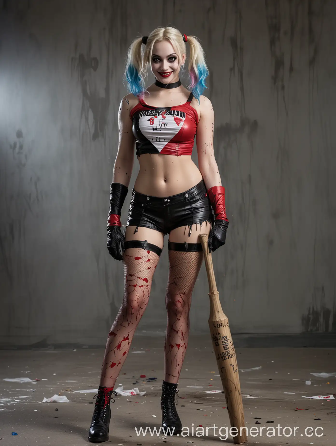 Harley-Quinn-in-Shorts-with-Bat-and-Torn-Fishnet-Tights-Smiling