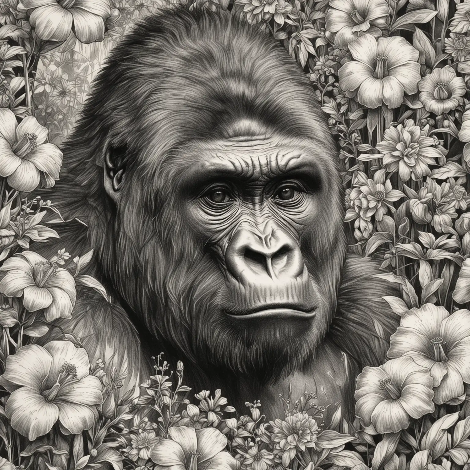 Gorilla Face Sketch Surrounded by Vibrant Flowers