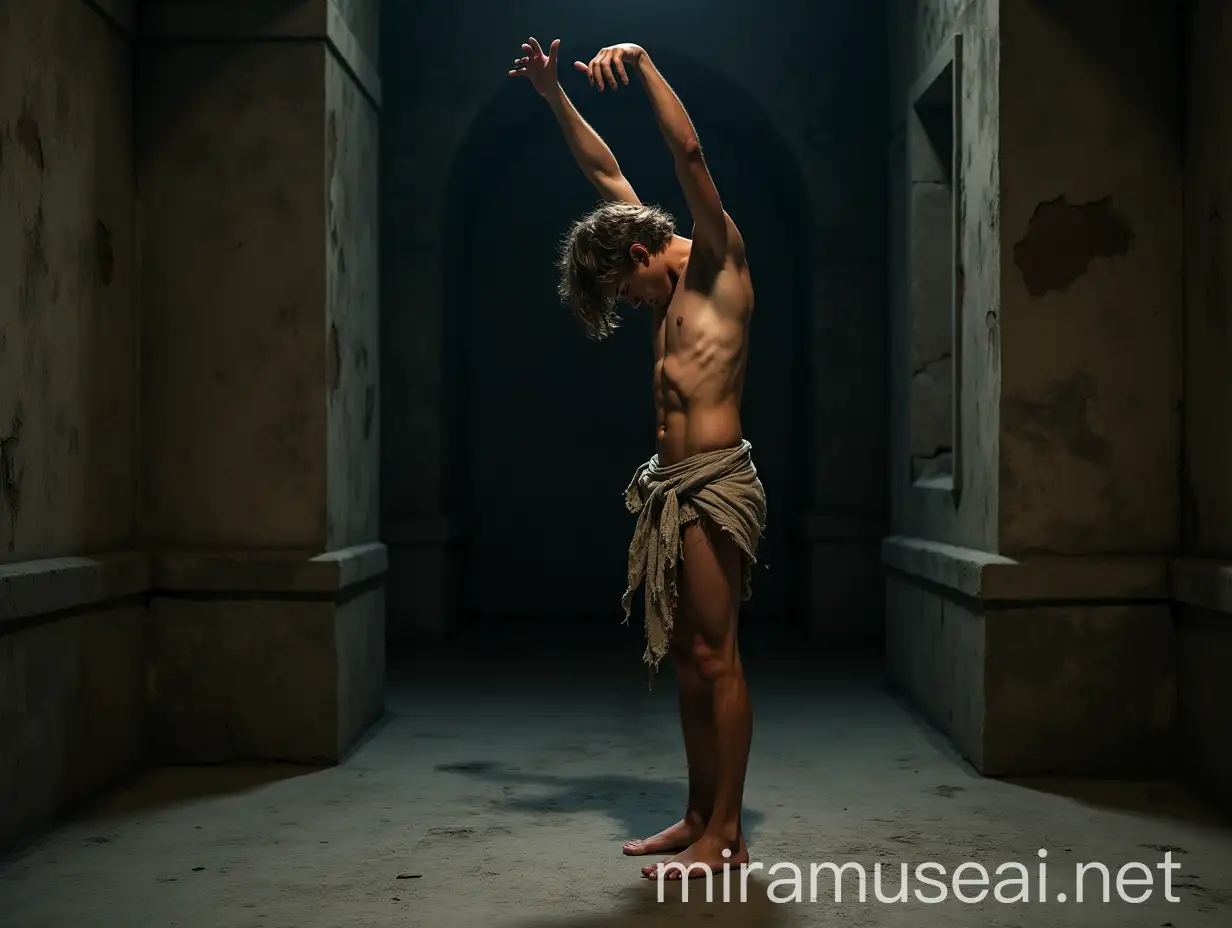 Vulnerable Young Man in an Ancient Vault